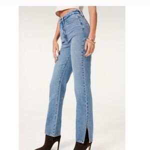 Good American Good Boy straight leg side split hem in Blue941 wash